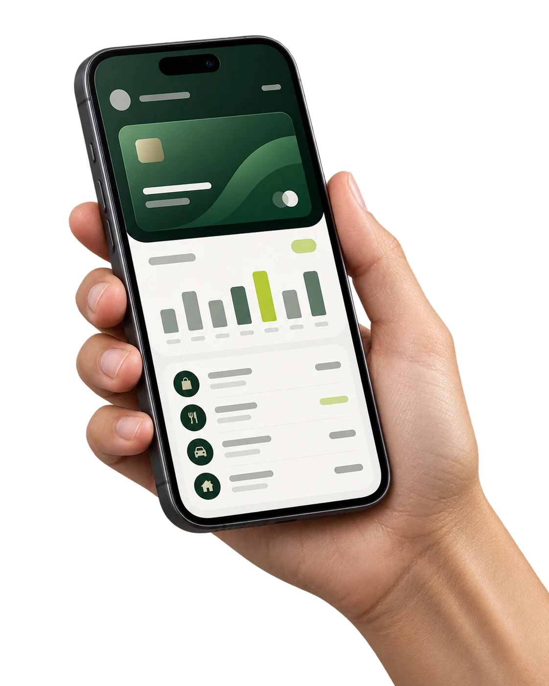 Hand holding a phone with a modern finance dashboard